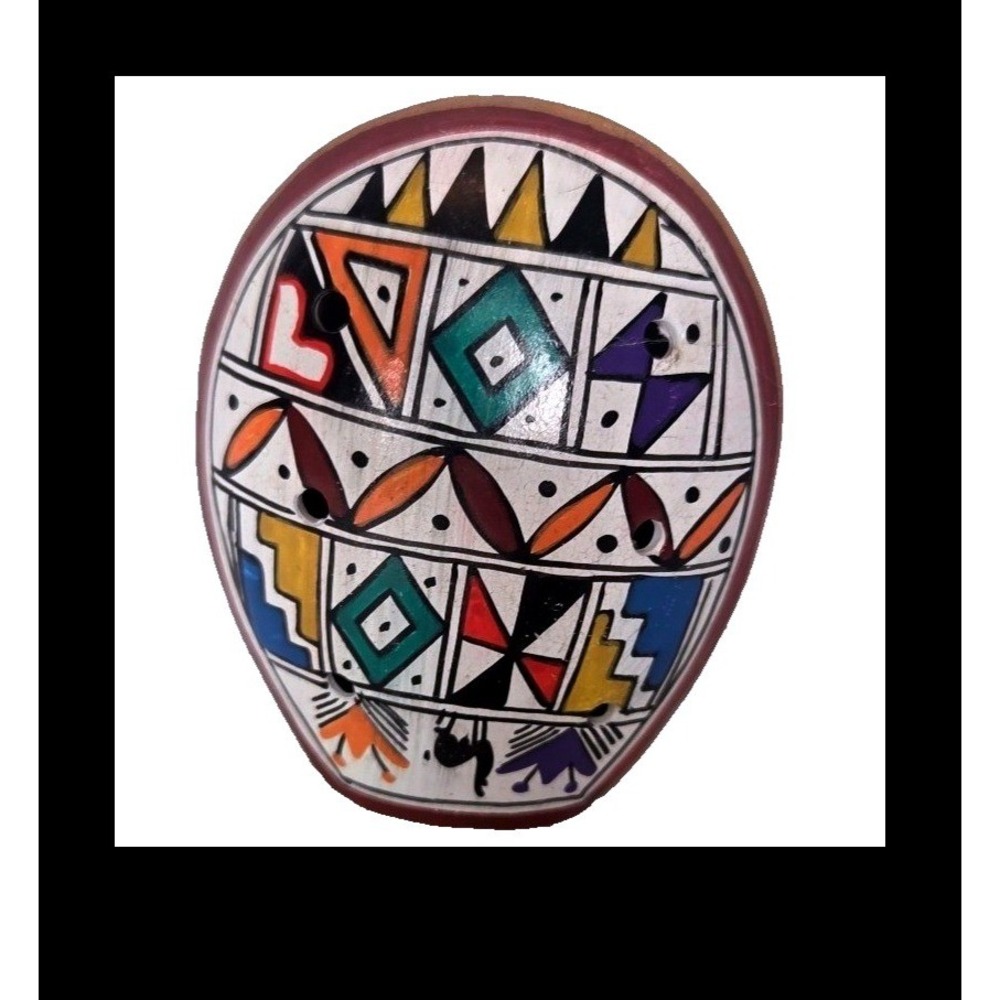 Hand Painted Ceramic Ocarina Flute Geometric Folk Art Face Design 4 Inch